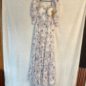 TC White and Purple Floral Long Sleeve Dress